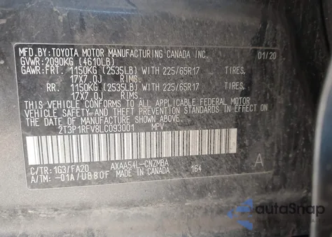 2020 Toyota Rav4 Xle из США, поврежденный, VIN 2T3P1RFV8LC093001